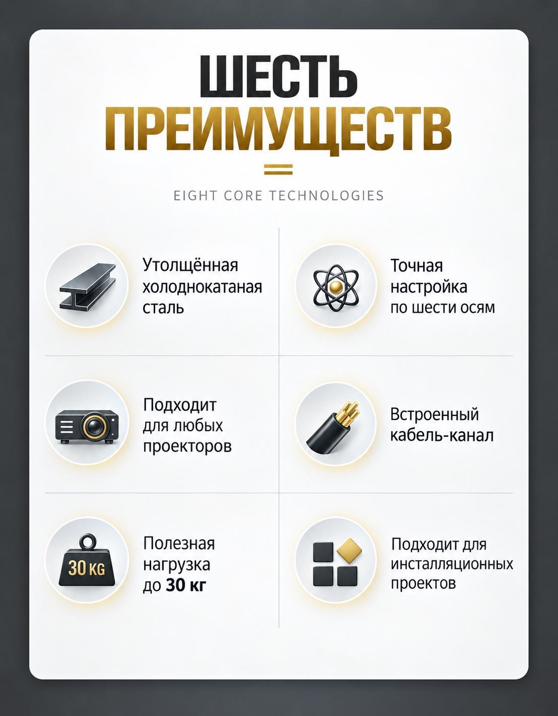 Шесть преимуществ потолочного кронштейна для проектора PH22: холоднокатаная сталь, настройка по шести осям, встроенный кабель-канал, нагрузка до 30 кг