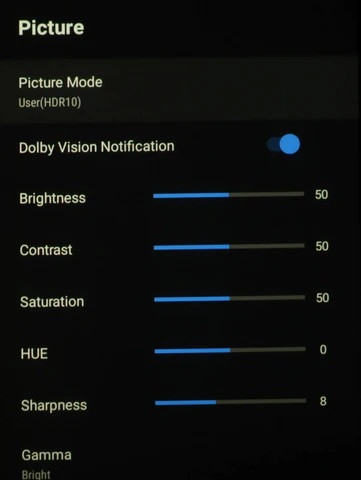 Меню Picture в Formovie Theater: режим изображения User (HDR10), ползунки яркости, контраста, насыщенности, оттенка, резкости и гамма