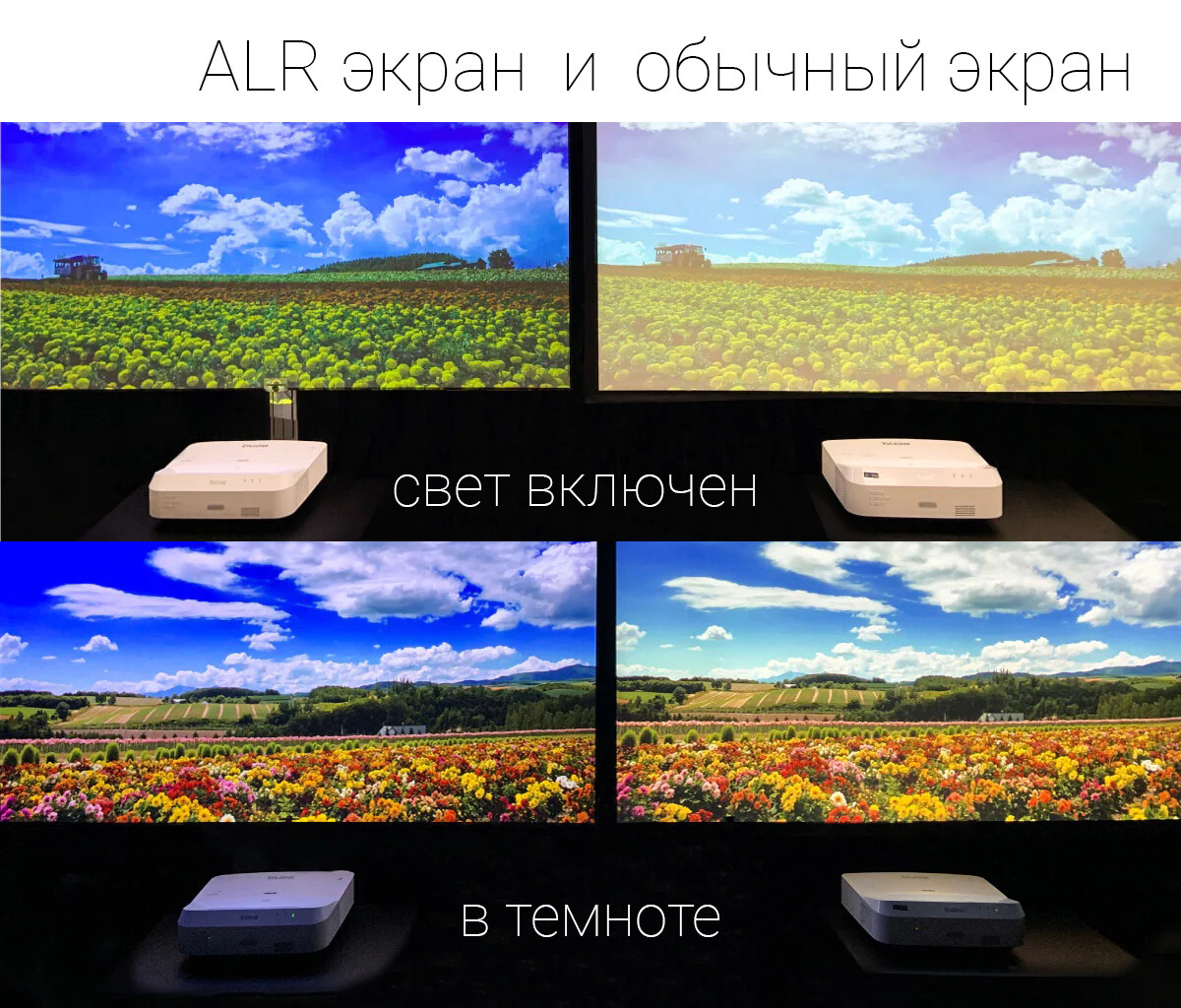 Сравнение ALR-экрана и обычного экрана при включённом свете и в темноте