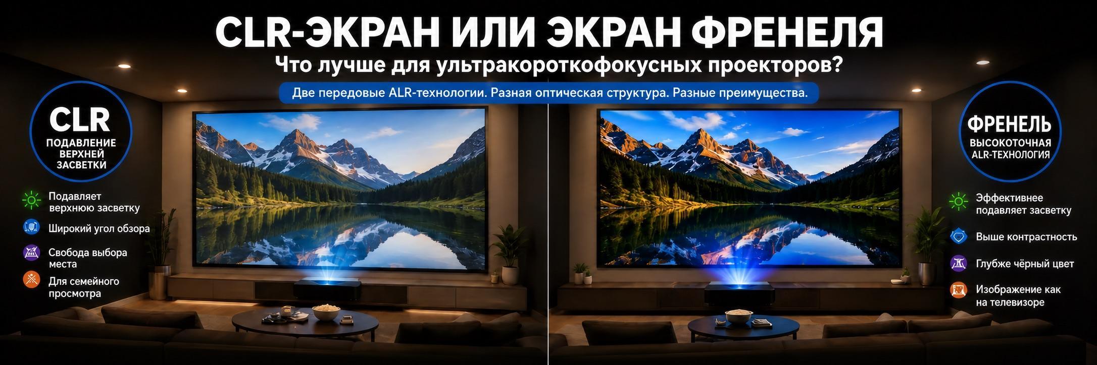 Сравнение изображения на лентикулярном CLR-экране и экране Френеля для ультракороткофокусного проектора