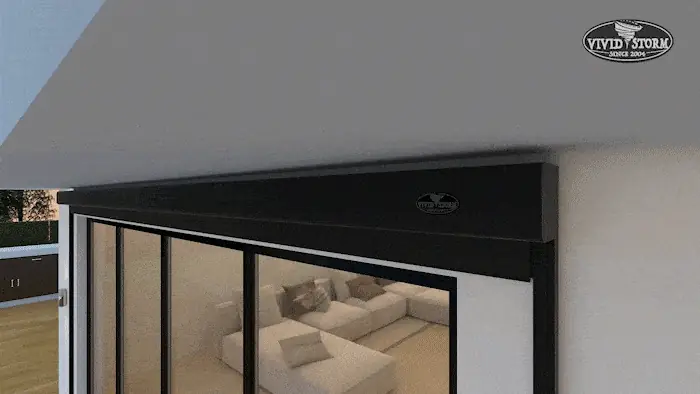 Моторизованный уличный экран VividStorm DuraPlus в корпусе над террасной дверью дома