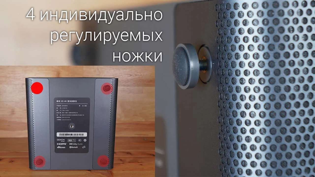 Днище Formovie X5 с четырьмя регулируемыми ножками, отмеченными красным