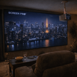 fz-02 Рамный экран Screenpro FZ-3C с изображением ночного города и длиннофокусным проектором на потолочном кронштейне в домашнем кинотеатре