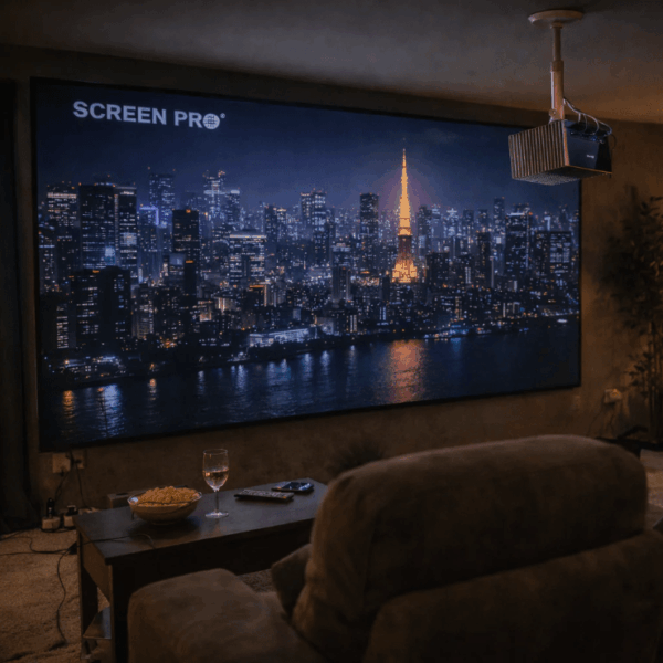 fz-02 Рамный экран Screenpro FZ-3C с изображением ночного города и длиннофокусным проектором на потолочном кронштейне в домашнем кинотеатре
