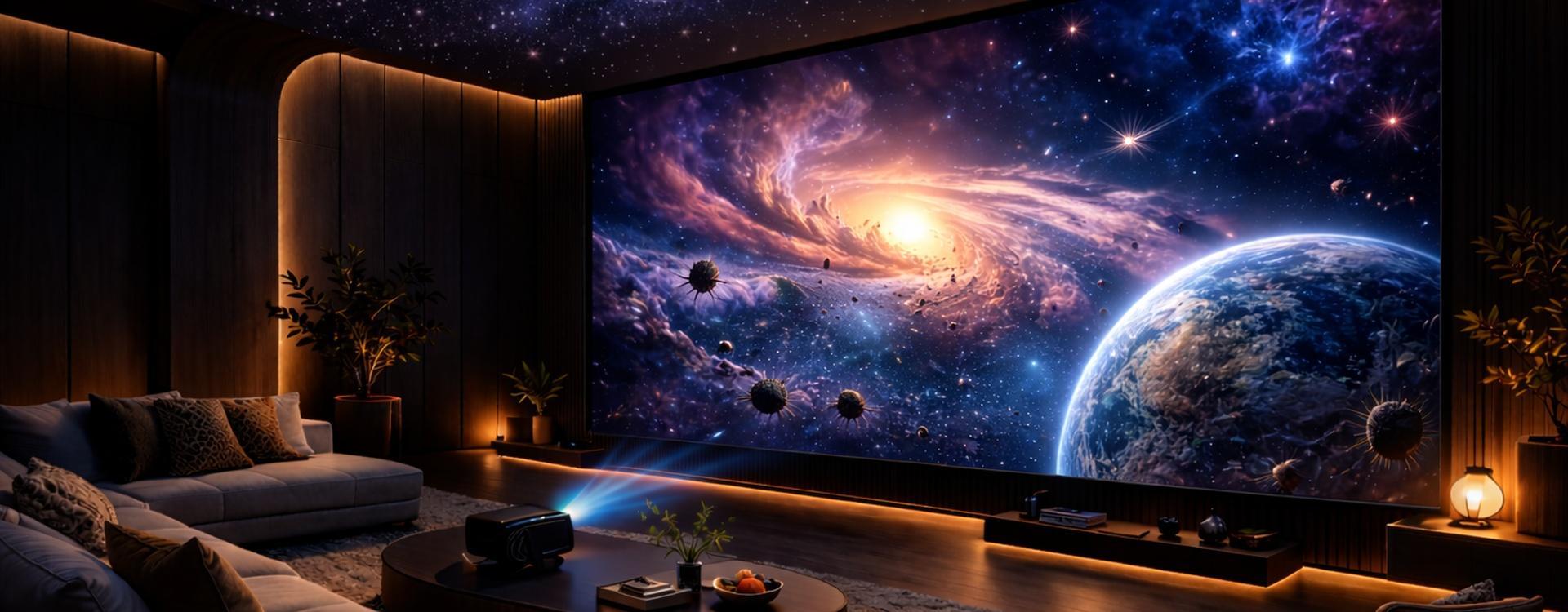 Рамный антиспекл-экран Screenpro FZ-3C с тонкой рамкой в домашнем кинотеатре с RGB-лазерным проектором и космическим изображением на полотне 3C