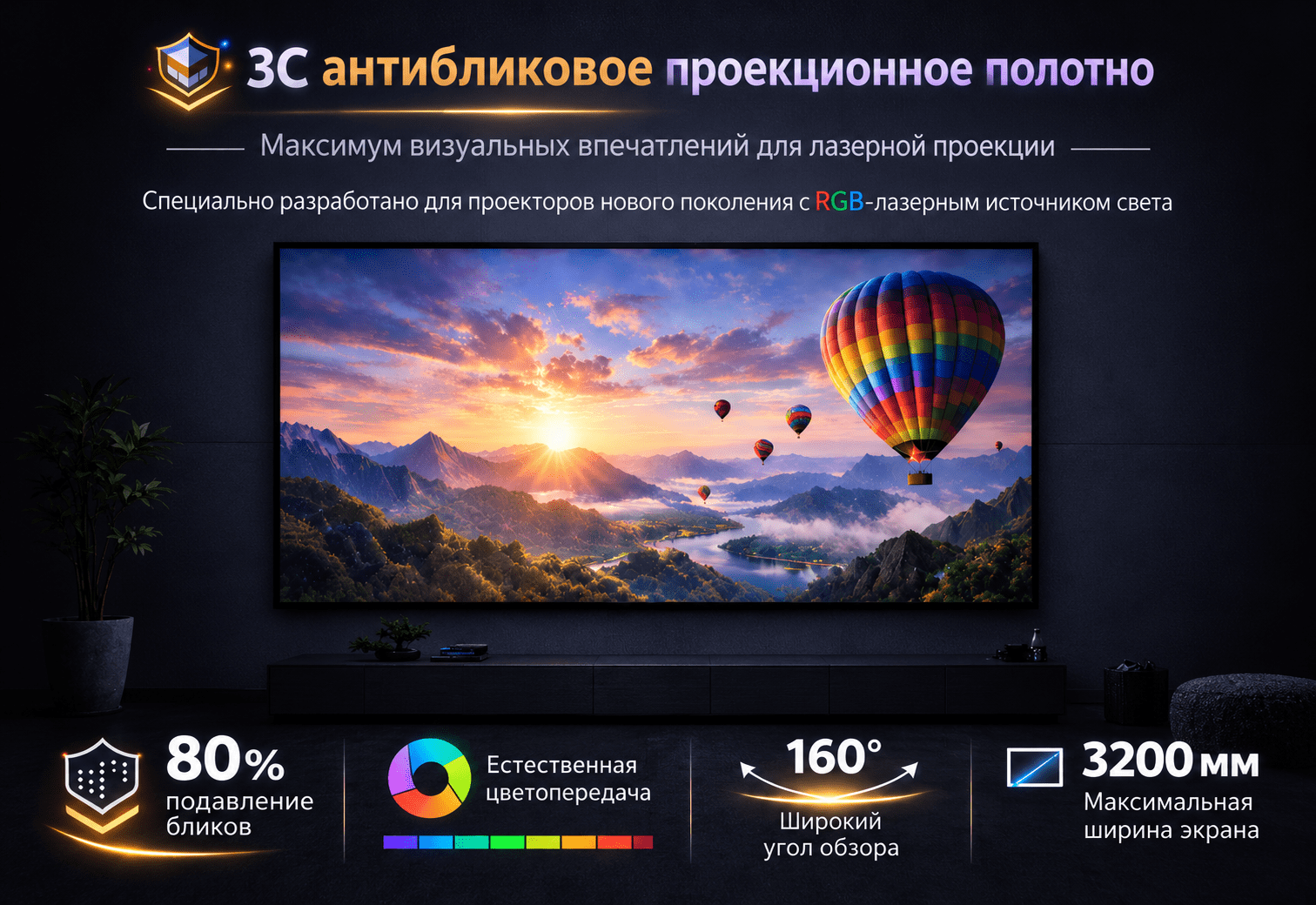 Антибликовое проекционное полотно 3C: 80% подавление бликов, естественная цветопередача, угол обзора 160°, максимальная ширина экрана 3200 мм