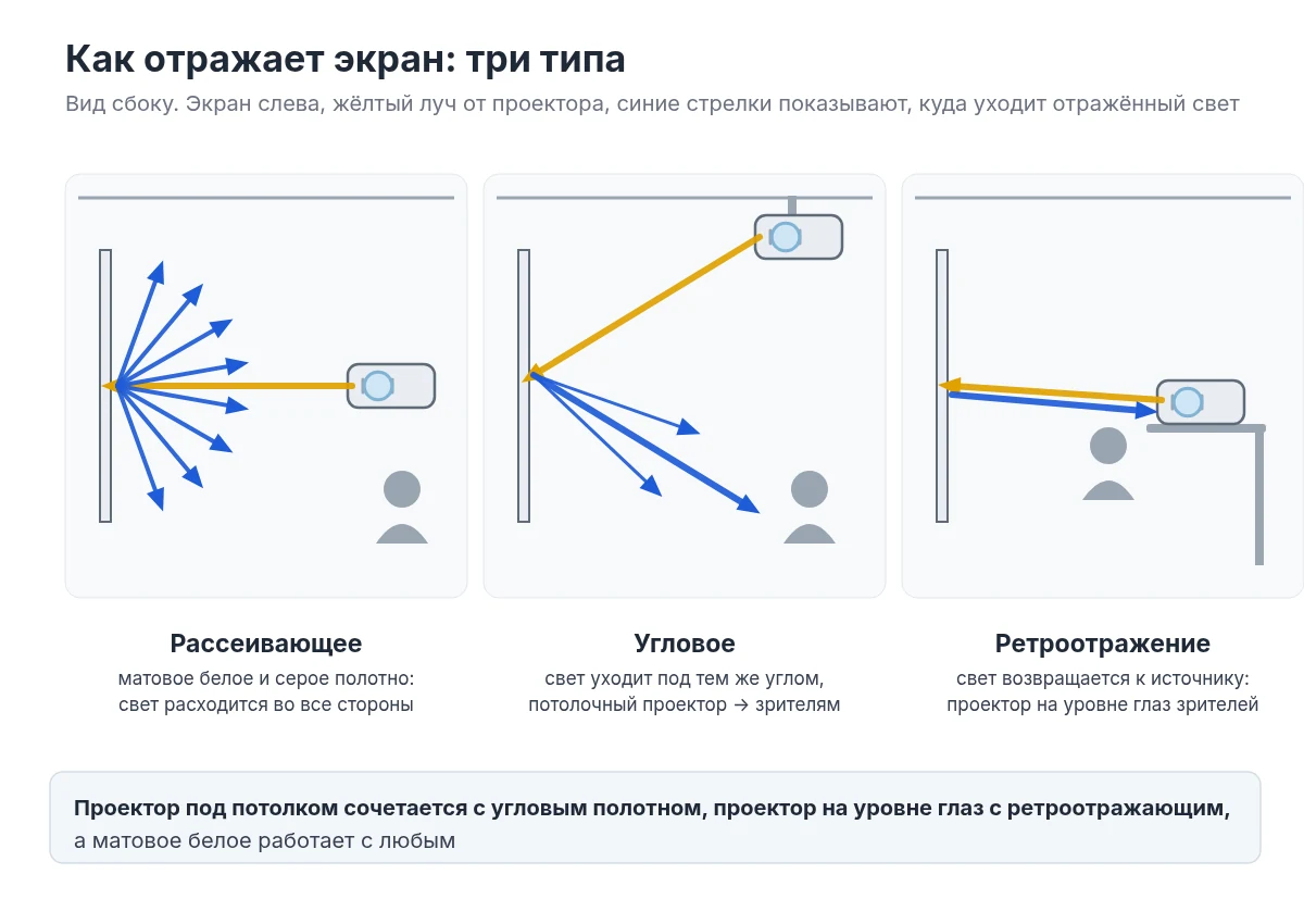 Как отражает экран: рассеивающее, угловое и ретроотражение