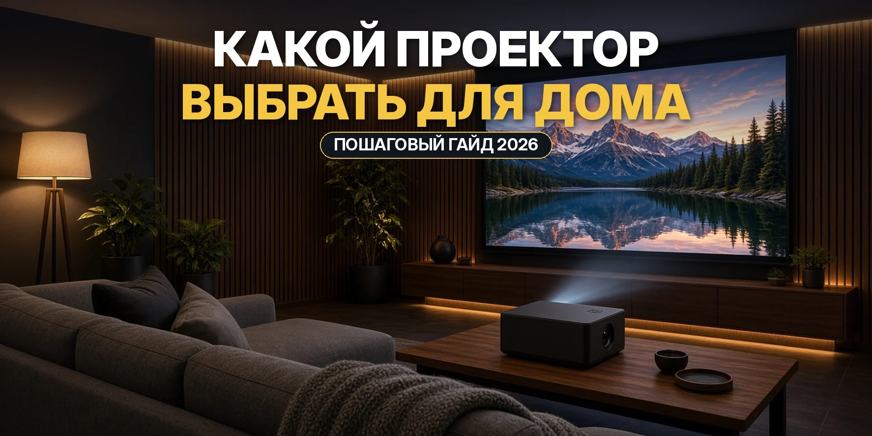 Какой проектор выбрать для дома: проектор в уютной гостиной показывает большое изображение на экране