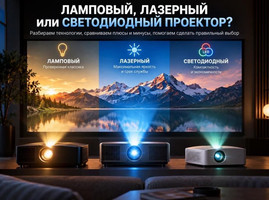 Ламповый, лазерный и светодиодный проекторы проецируют горный пейзаж на один экран: сравнение трёх источников света