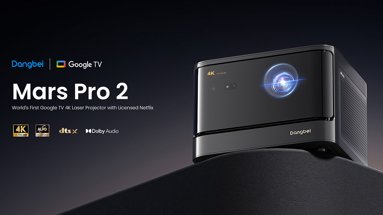 Лазерный 4K-проектор Dangbei Mars Pro 2 с логотипами Google TV, 4K, HDR10+, DTS:X и Dolby Audio